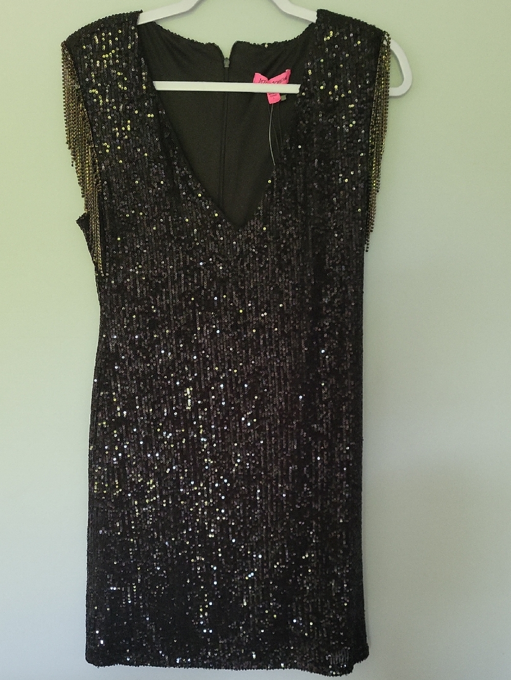 Betsey Johnson Black Sequin Fringe-Shoulder Party Dress